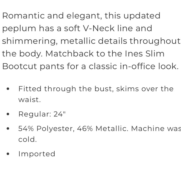 NWOT WHBM Metallic V-Neck Peplum Top - Picture 4 of 6